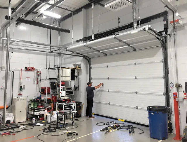 Parma Heights Garage Door Repair certified technician performing commercial door repair at a Parma Heights business facility
