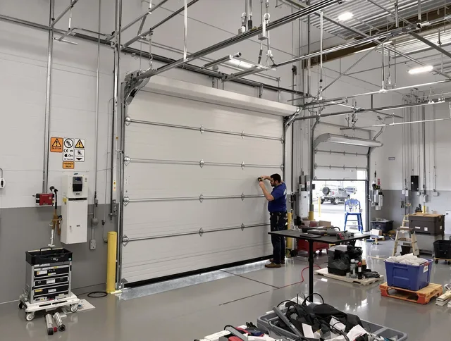 Commercial garage door repair being performed by Parma Heights Garage Door Repair expert in Parma Heights