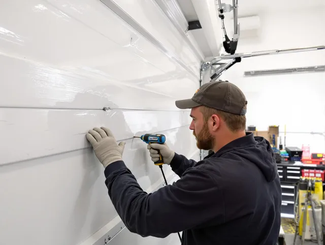 Parma Heights Garage Door Repair technician demonstrating precision dent removal techniques on a Parma Heights garage door