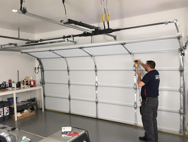 Parma Heights Garage Door Repair certified technician performing overhead door system repair in Parma Heights