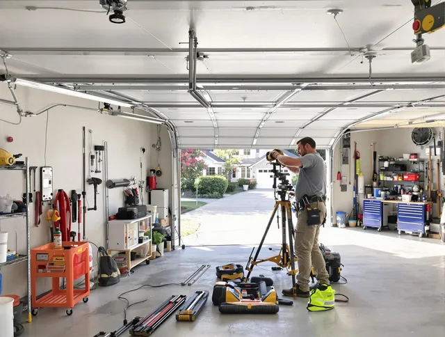Parma Heights Garage Door Repair specialist performing laser-guided track alignment in Parma Heights